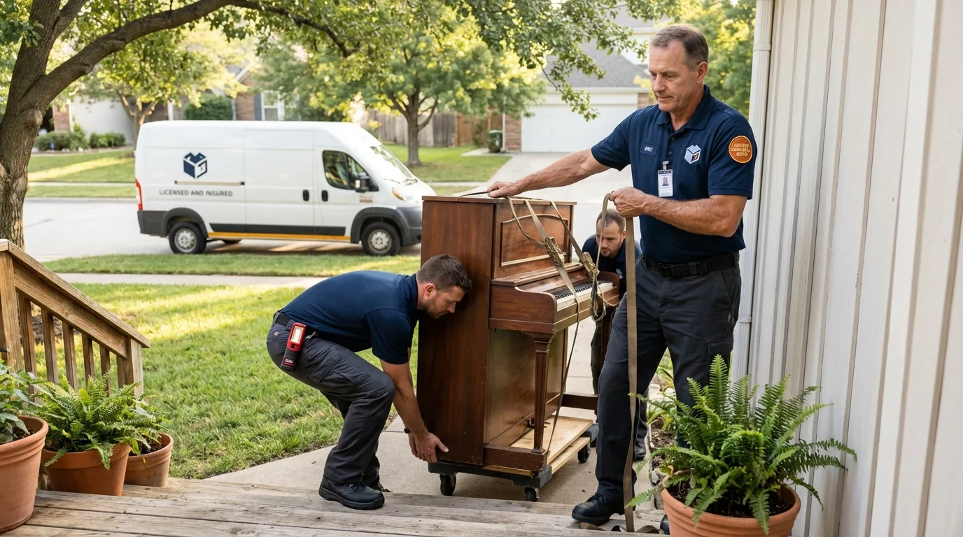 Licensed piano movers securing grand piano in Pittsfield, NH