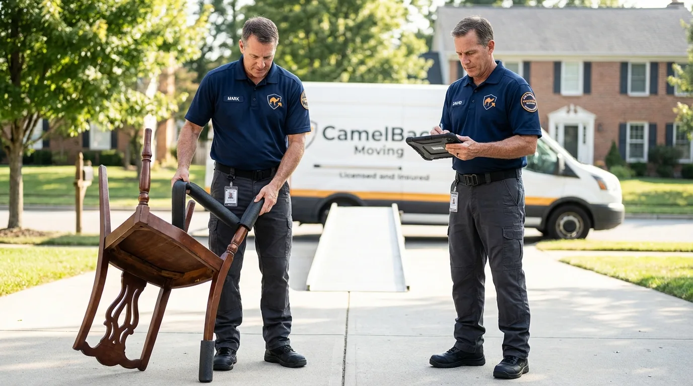 Movers inspecting furniture for damage prevention before loading in Pittsfield, NH