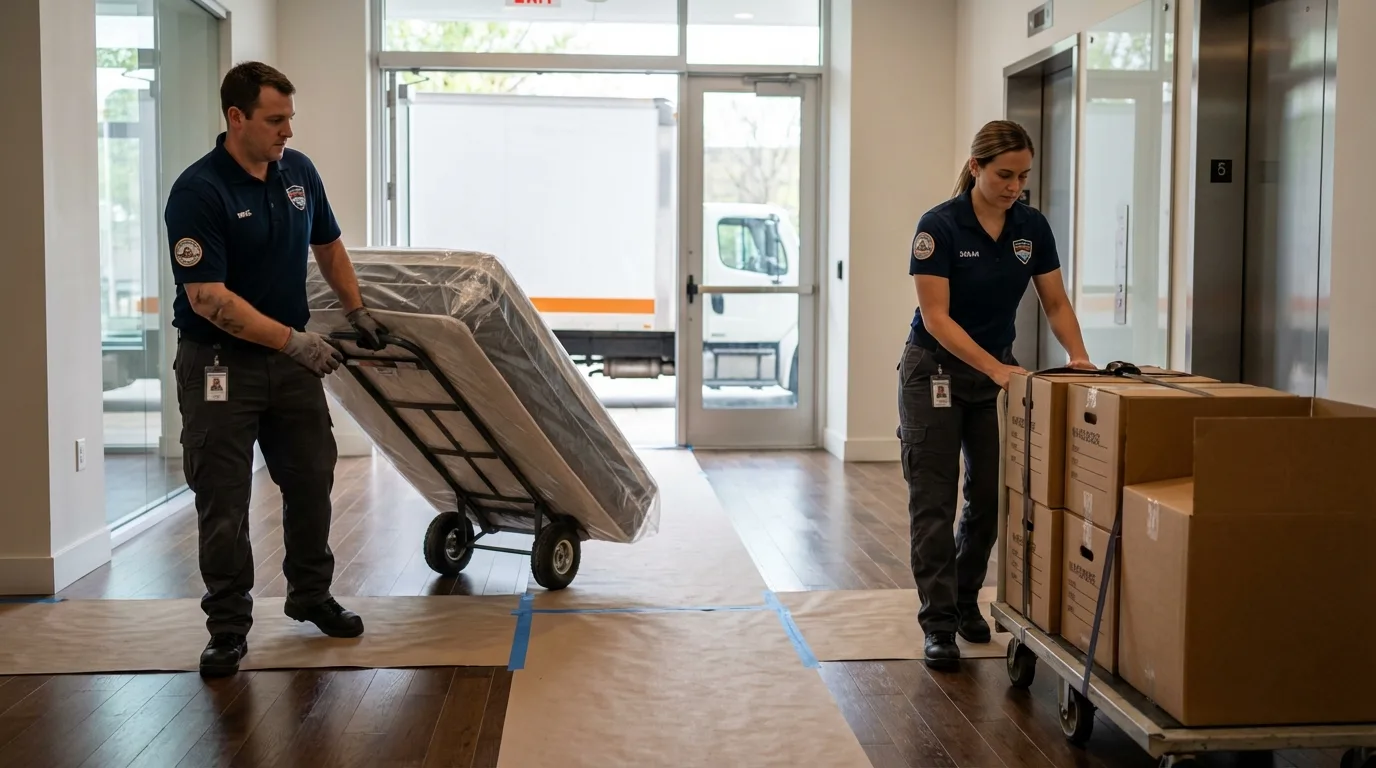 Professional apartment movers loading elevator in Pittsfield, NH