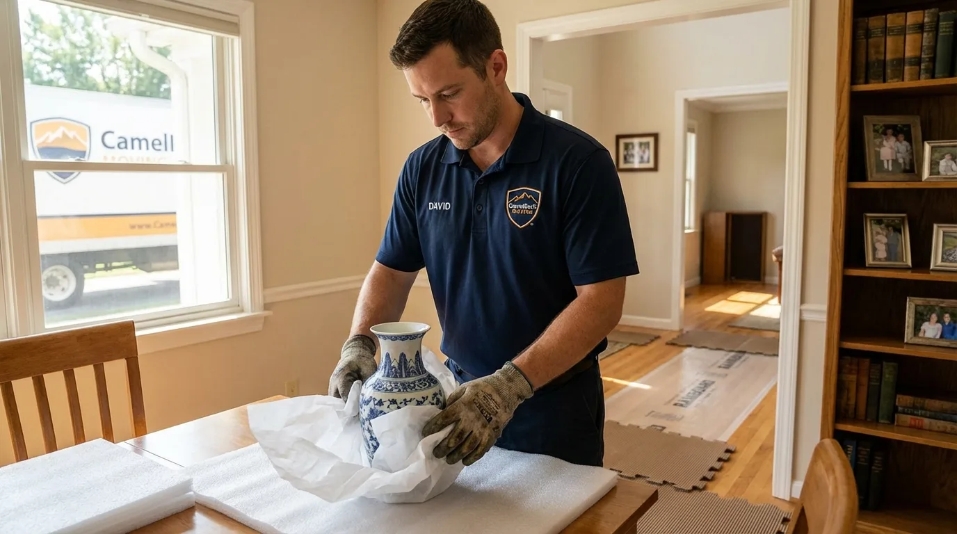 Professional crew carefully wrapping antique vase for senior downsizing move in Pittsfield, NH